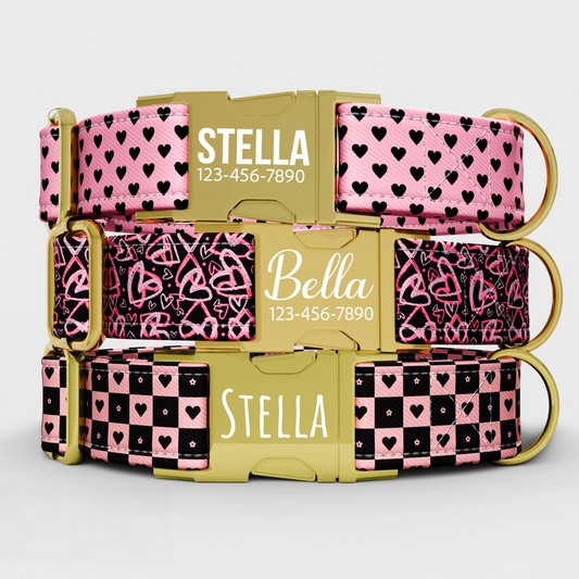 Personalized Pink & Black Hearts Dog Collar with Leash: Custom Valentine's Theme
