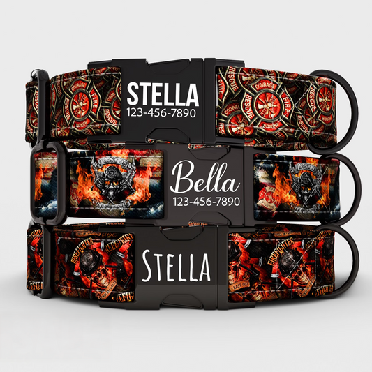Personalized Firefighter Dog Collar with Leash: Flame Skull Style, Adjustable Metal Buckle