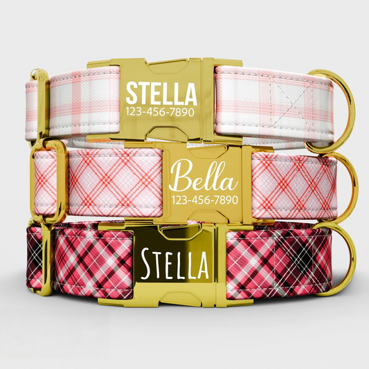 Pink Plaid Personalized Dog Collar: Custom Girl Puppy Gift