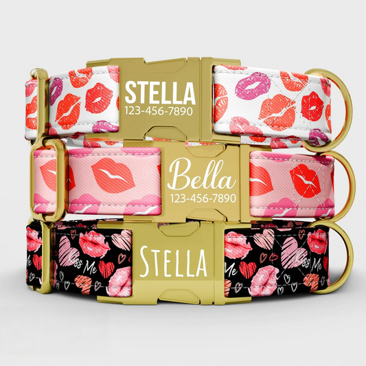 Pink Lip Mark Dog Collar: Kiss XOXO Theme, USA Handmade