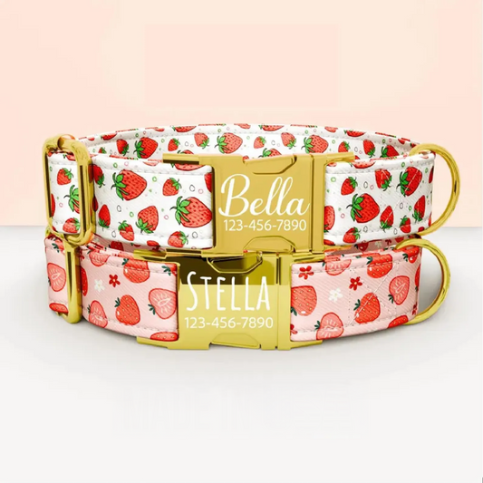 Strawberry Dog Collar: Personalized Adjustable Metal Buckle, with Leash