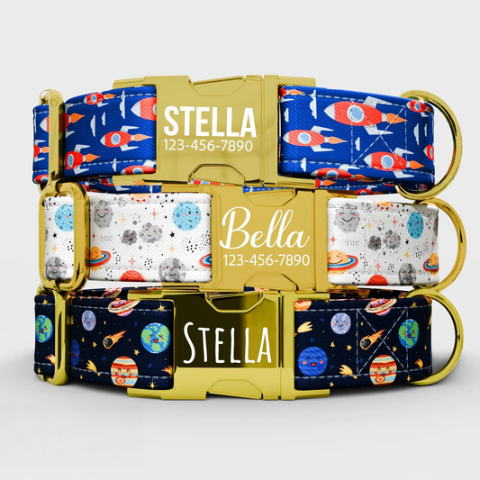 Personalized Space Dog Collar with Leash: Rocket & Planet Theme, USA Handmade