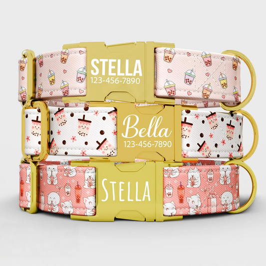 Personalized Boba Dog Collar with Leash: Pink Anime Style, USA Handmade