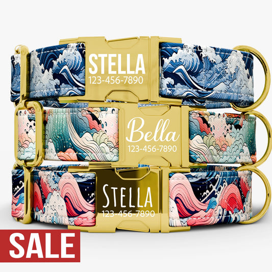 Personalized Japanese Wave Dog Collar with Leash: Floral Metal Buckle
