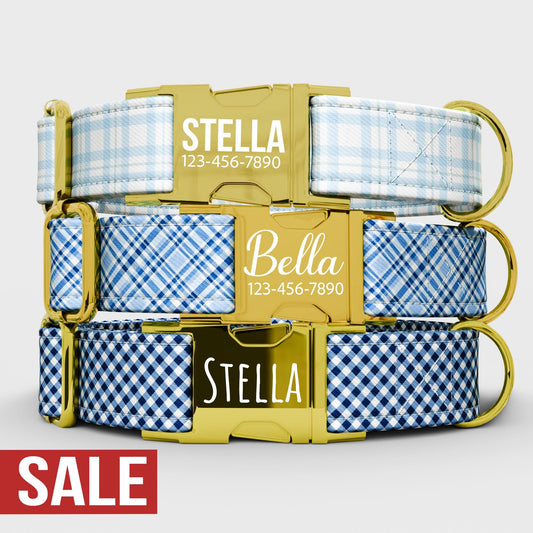 Personalized Blue Plaid Dog Collar with Leash: Tartan Custom Collar