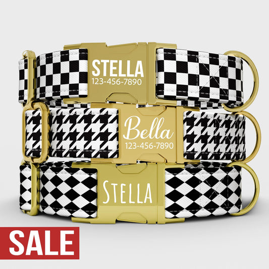 Black & White Checkered Dog Collar with Leash: Custom Personalized, USA Handmade
