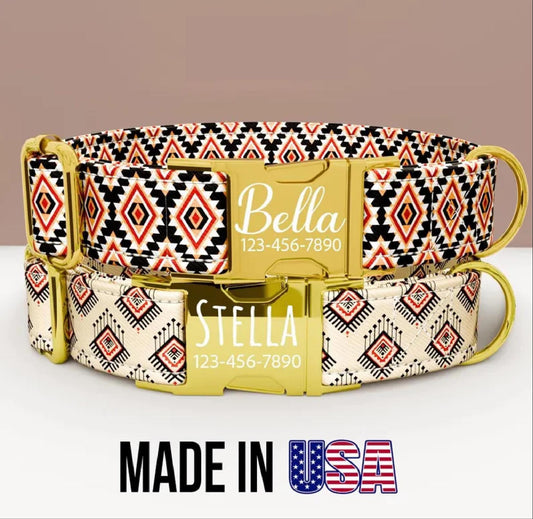 Personalized Boho Dog Collar with Leash, Bohemian style pet Leash Adjustable Metal Buckle BBP-112