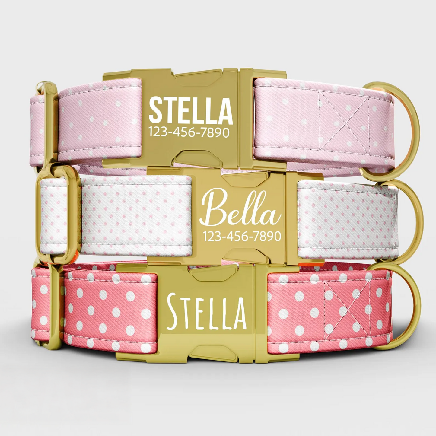 Pink Polkadot Dog Collar with Leash: Personalized Blush, Adjustable, Handmade