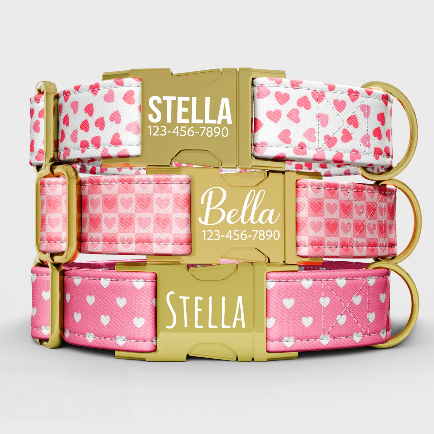 Personalized Pink Hearts Dog Collar with Leash: Love & Valentines Theme