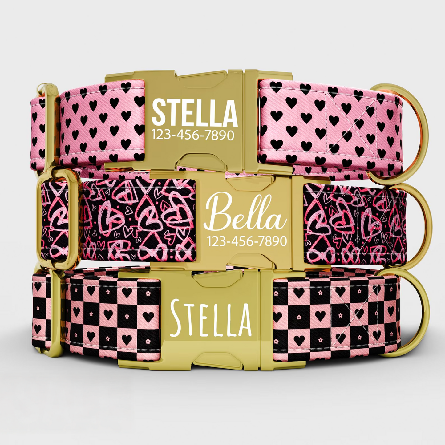 Personalized Pink & Black Hearts Dog Collar with Leash: Custom Valentine's Theme