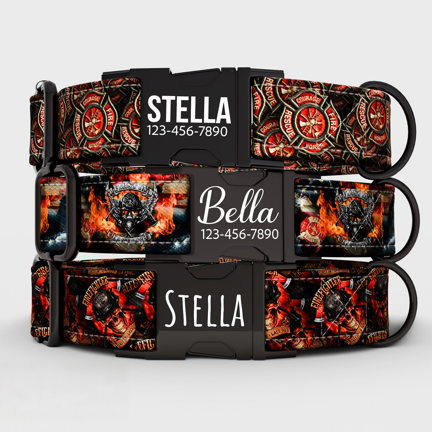 Personalized Firefighter Dog Collar with Leash: Flame Skull Style, Adjustable Metal Buckle