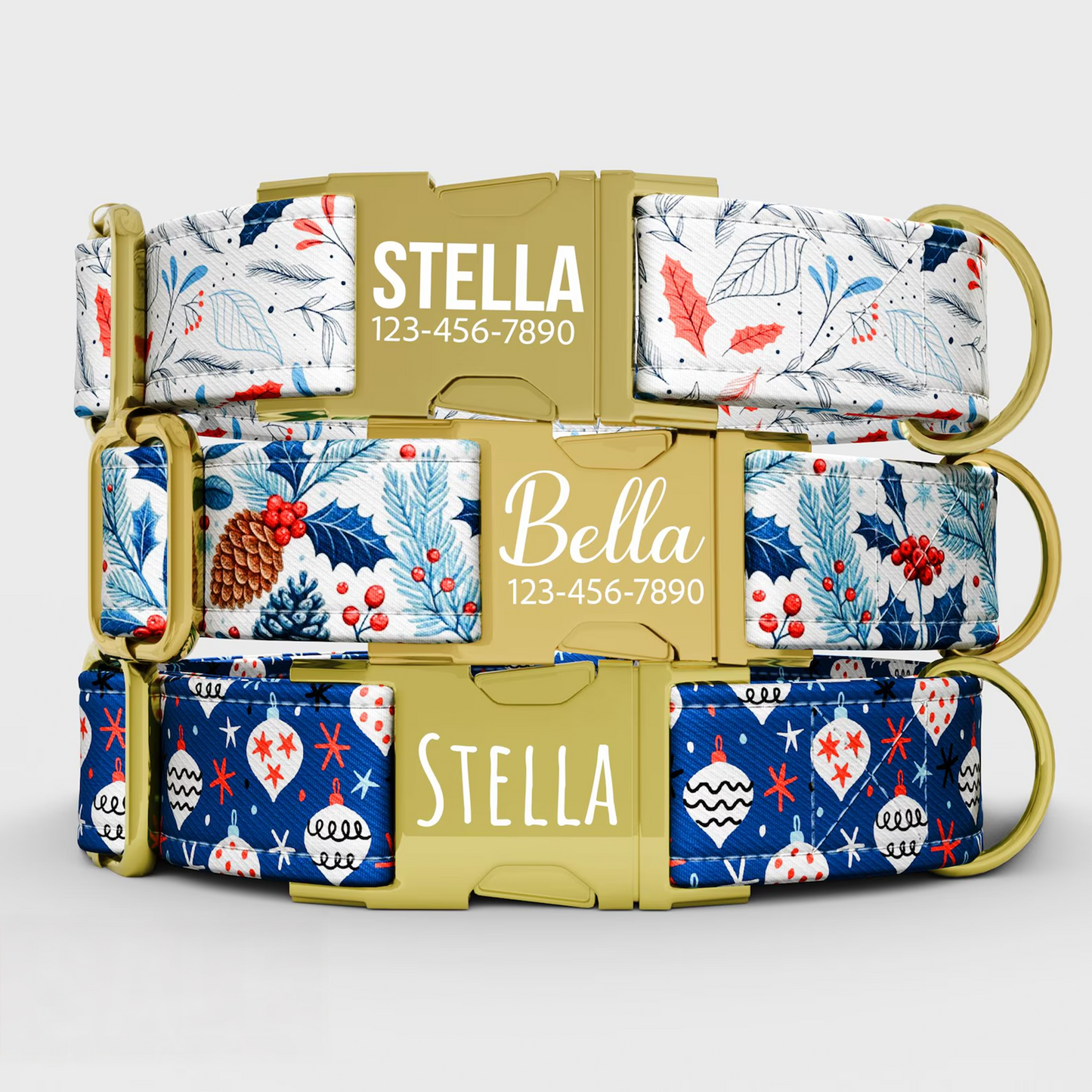 Blue Mistletoe Dog Collar: Holiday Theme, Adjustable, with Leash