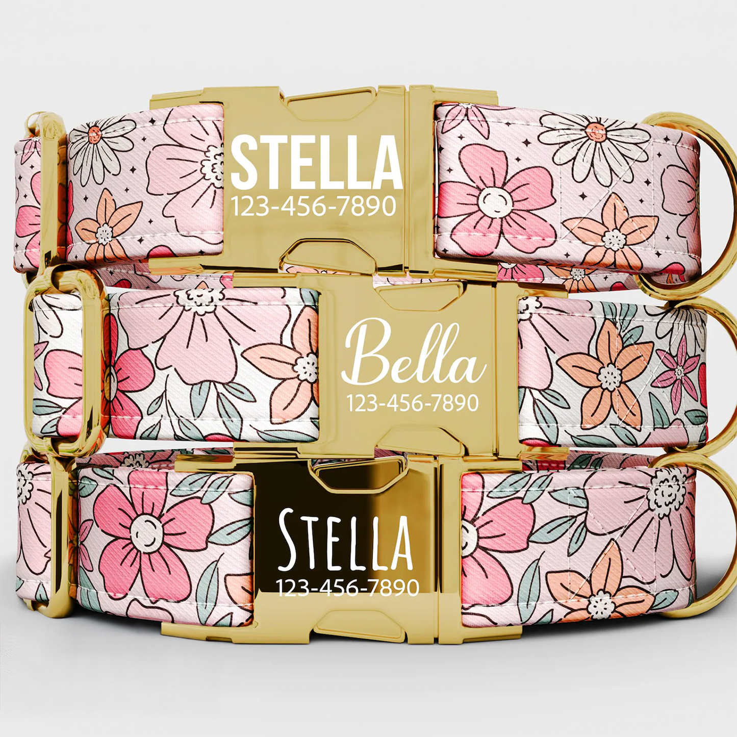 Personalized Pink Floral Dog Collar with Leash: Metal Buckle, USA Handmade