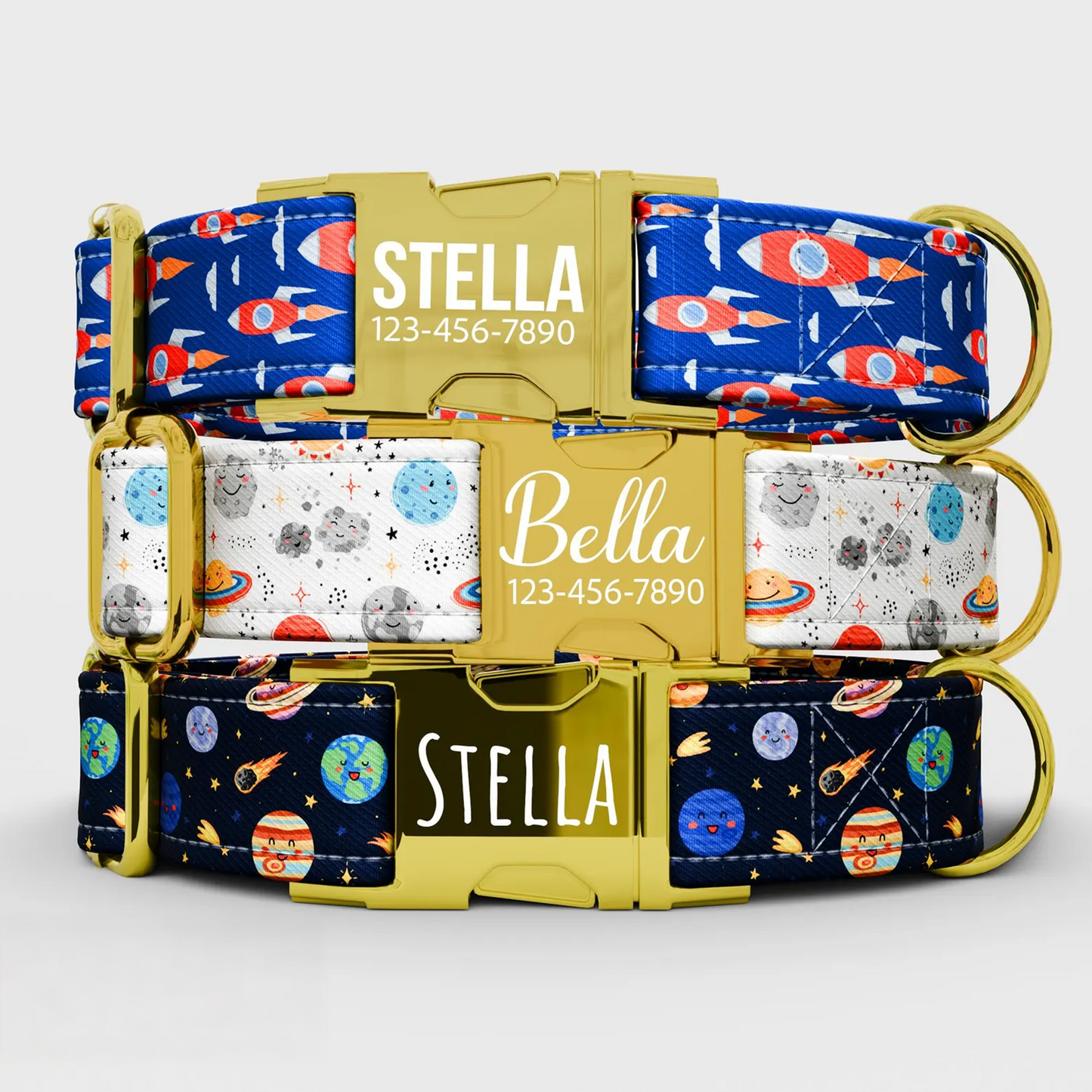 Personalized Space Dog Collar with Leash: Rocket & Planet Theme, USA Handmade