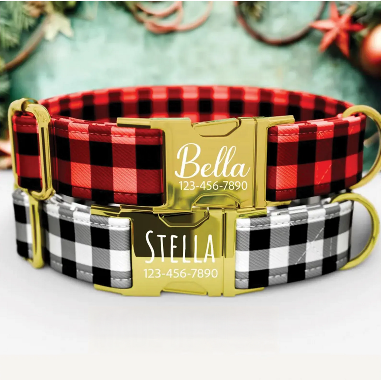 Buffalo Plaid Dog Collar with Leash: Personalized Checkered Holiday Collar