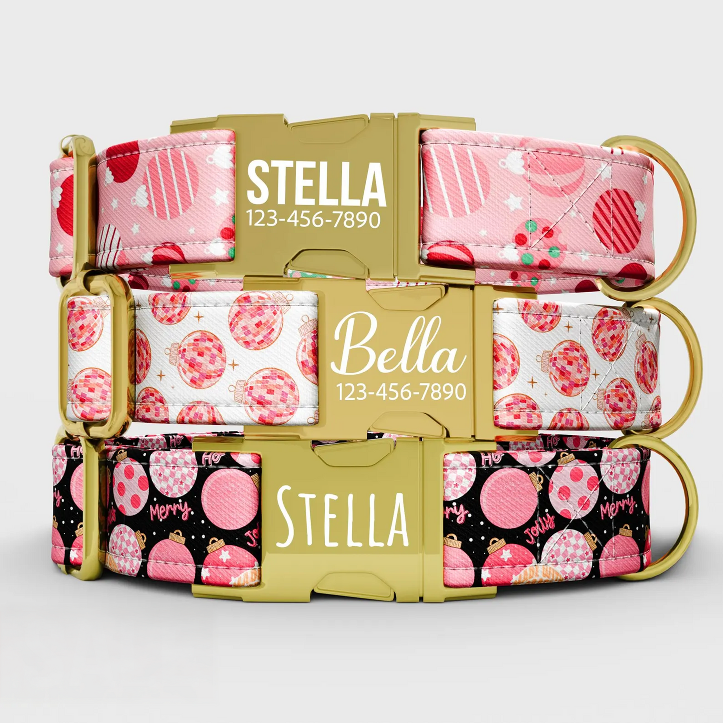 Personalized Christmas Dog Collar with Leash: Pink Holiday Theme, Adjustable Metal Buckle