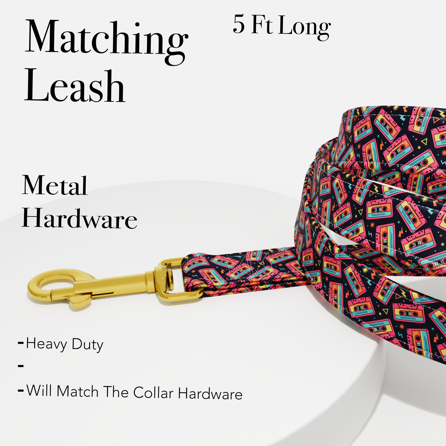 Personalized 80s Music Theme Dog Collar with Leash