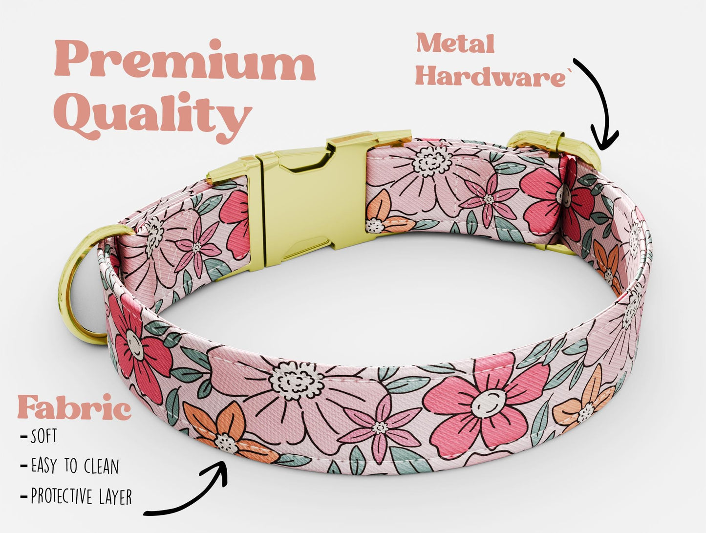 Personalized Pink Floral Dog Collar with Leash: Metal Buckle, USA Handmade