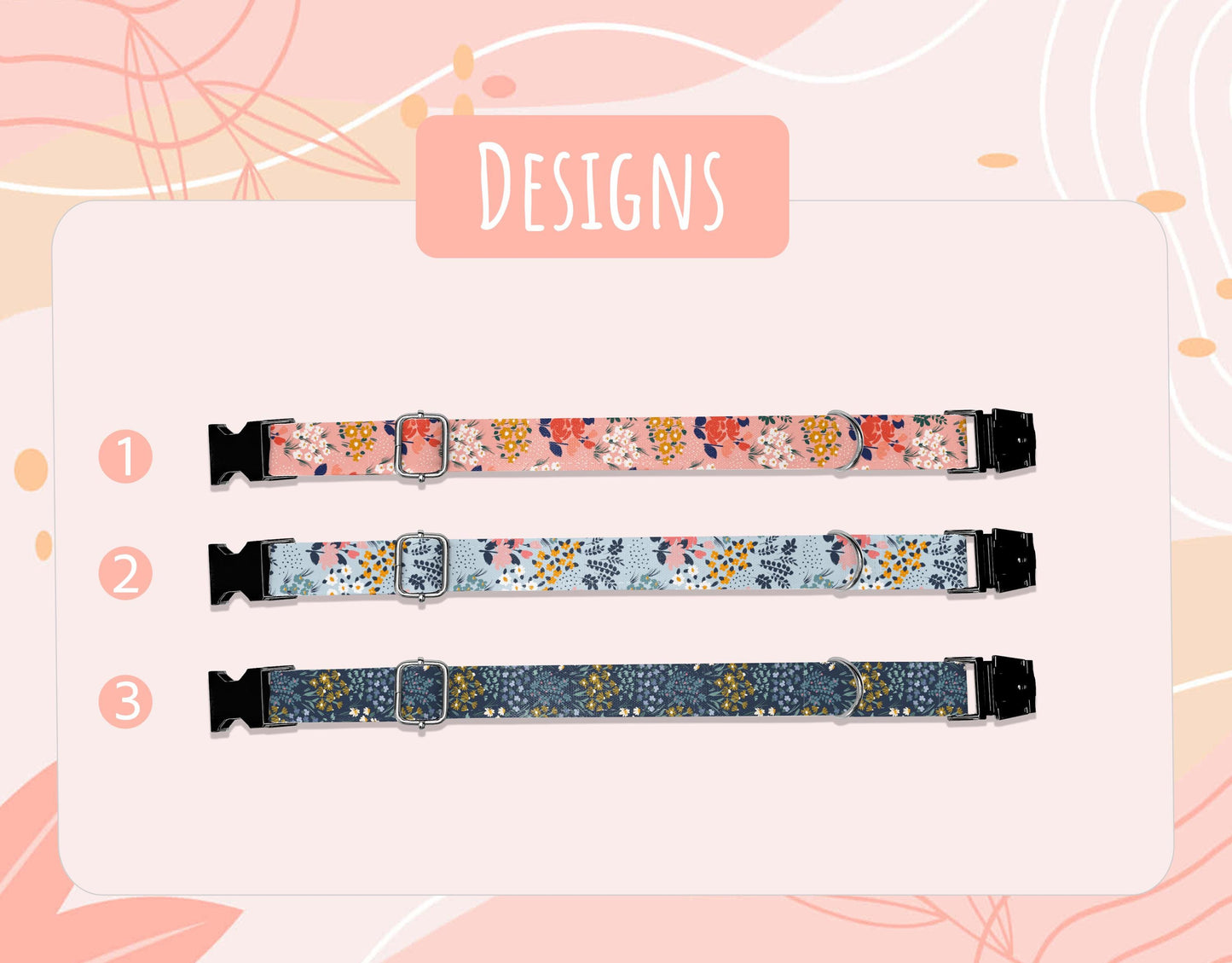 Personalized Floral Dog Collar with Leash: USA Handmade, Adjustable Metal Buckle