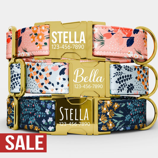 Personalized Floral Dog Collar with Leash: USA Handmade, Adjustable Metal Buckle