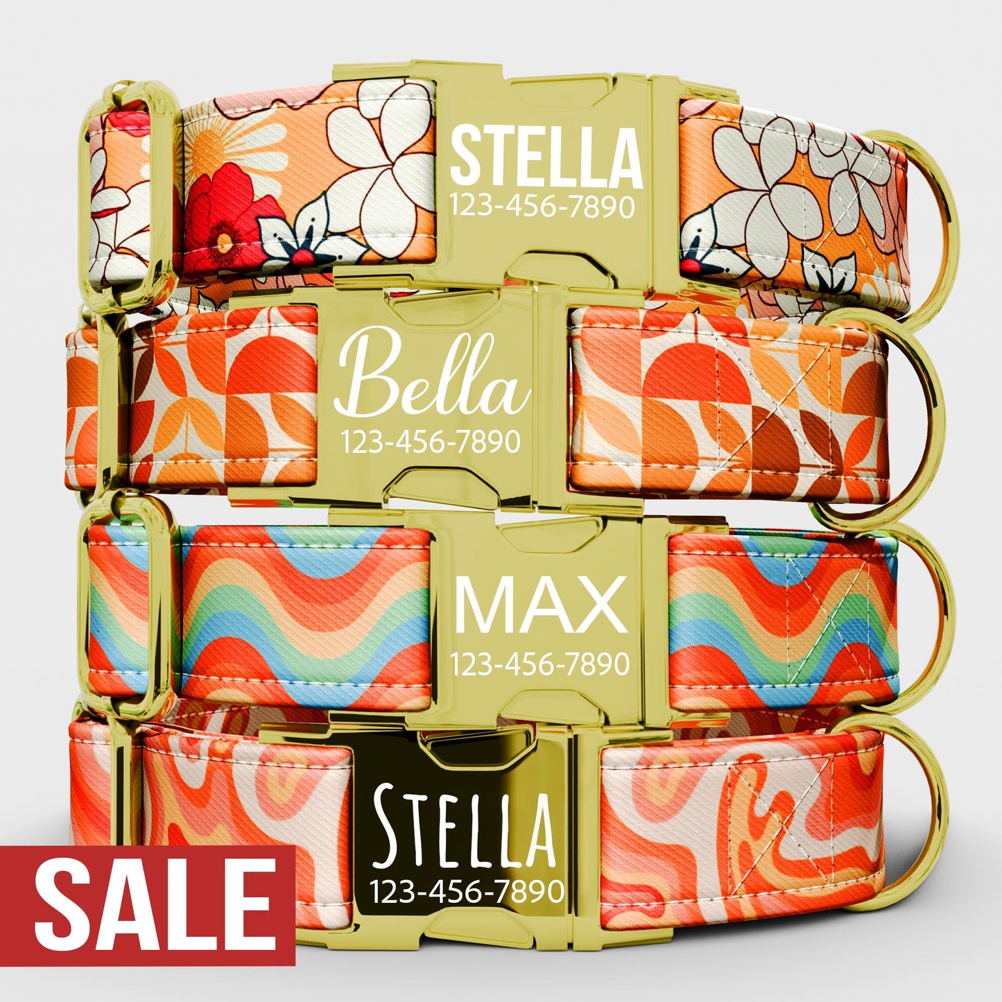 Personalized 70s Style Dog Collar, Custom with Name Groovy Dog Collars BBP-08