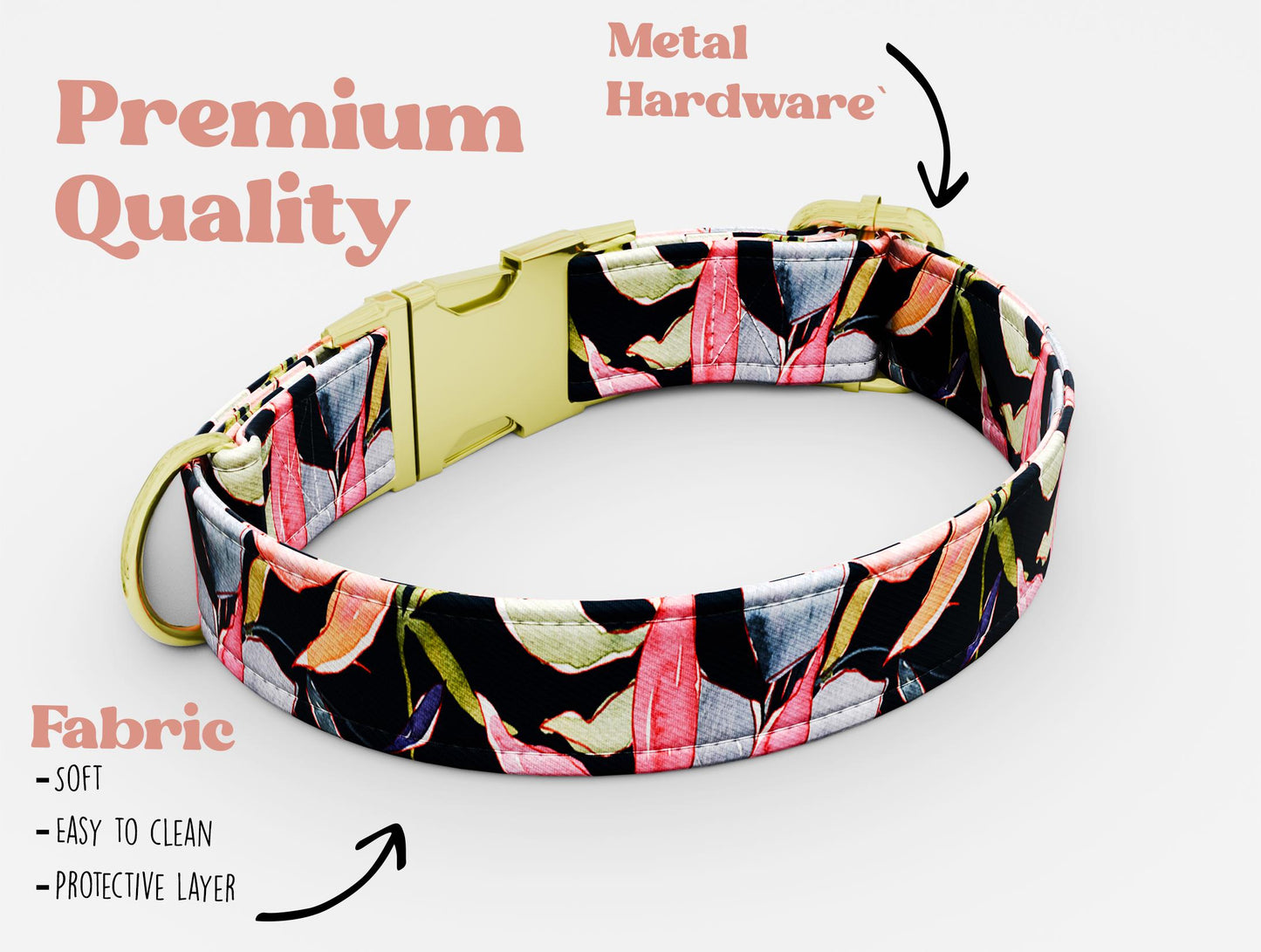 Personalized Floral Dog Collar with Leash: Metal Buckle, USA Handmade