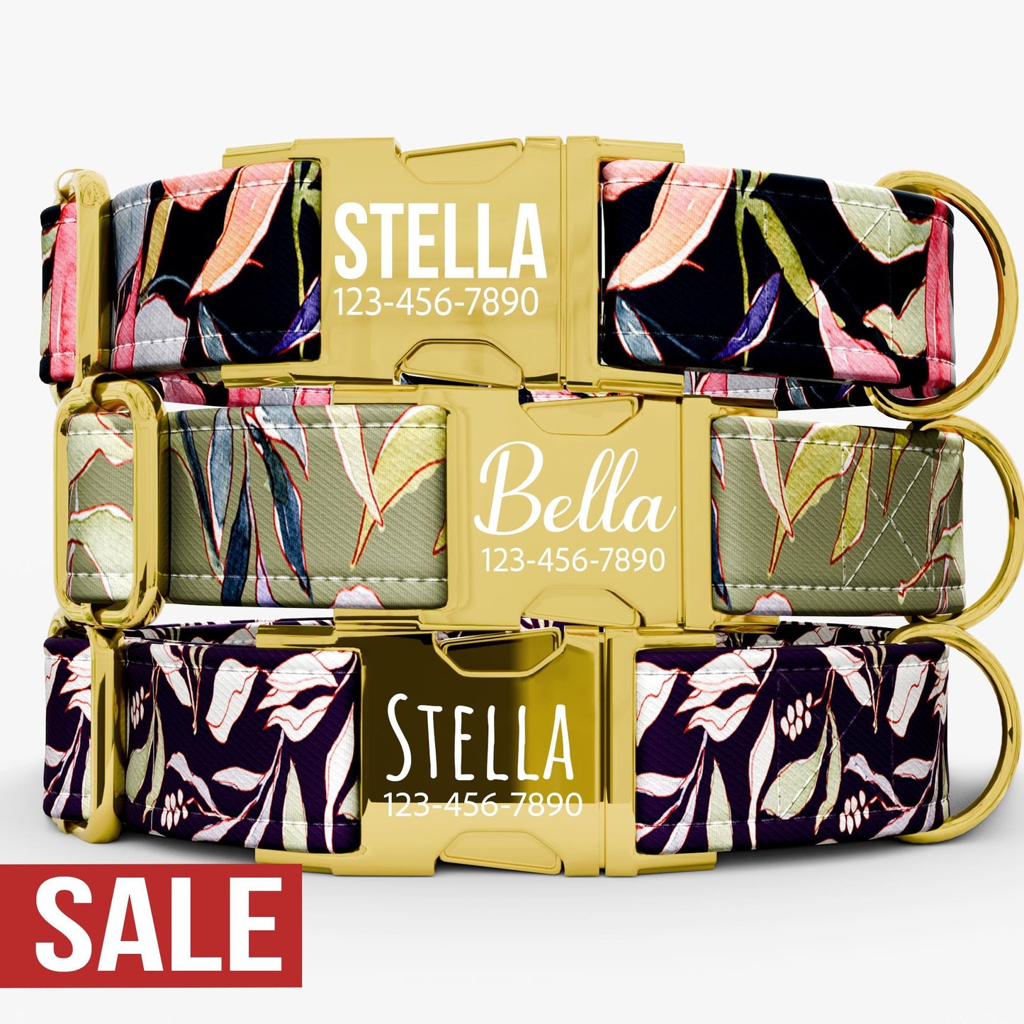 Personalized Floral Dog Collar with Leash: Metal Buckle, USA Handmade