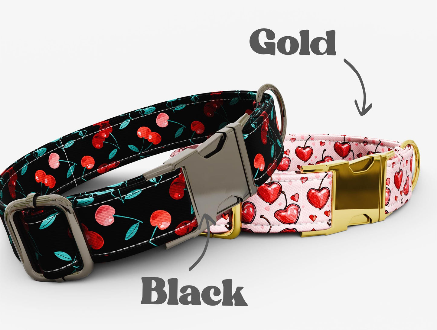 Personalized Cherry Love Dog Collar with Leash: Bohemian Hearts Design