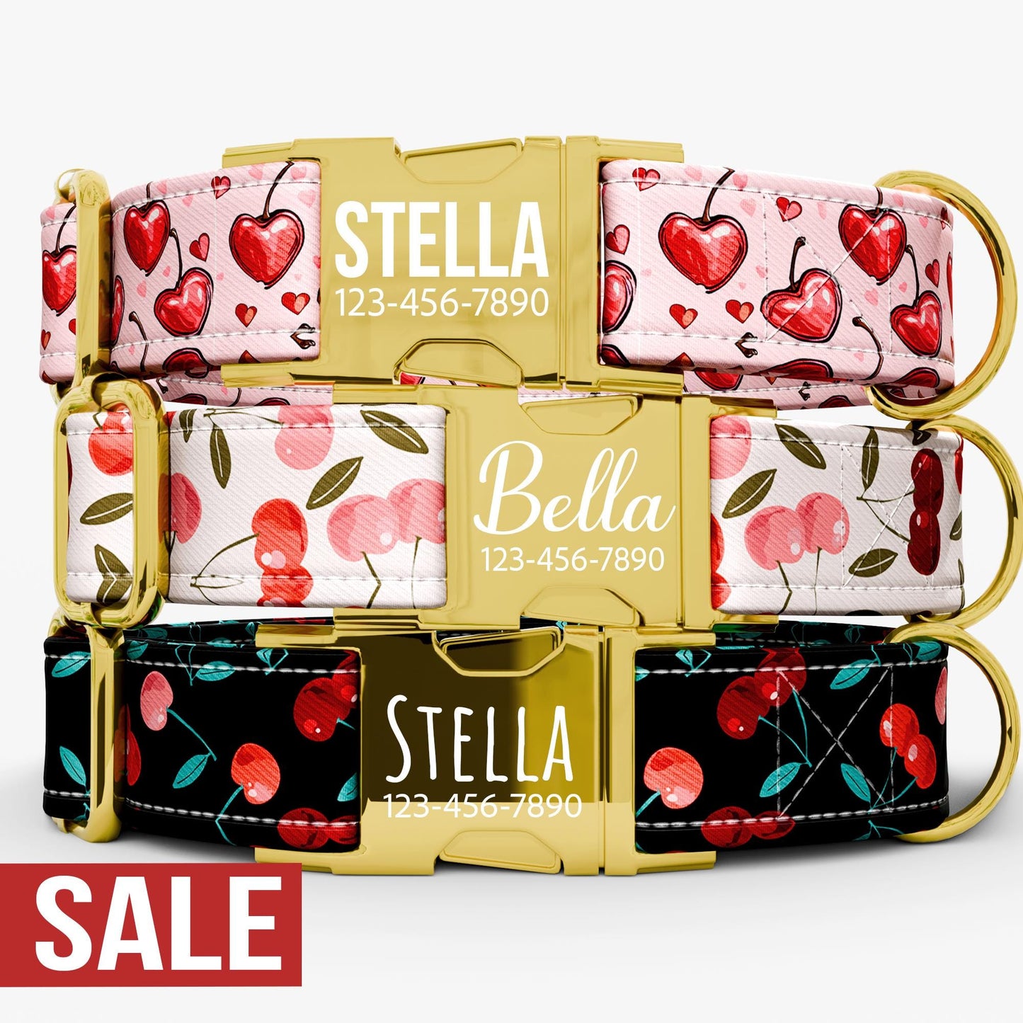 Personalized Cherry Love Dog Collar with Leash: Bohemian Hearts Design