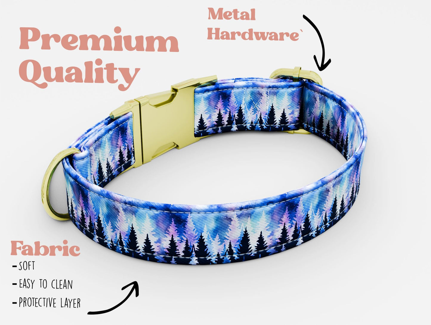 Aurora Forest Print Dog Collar: Personalized USA Handmade, Gold Buckle