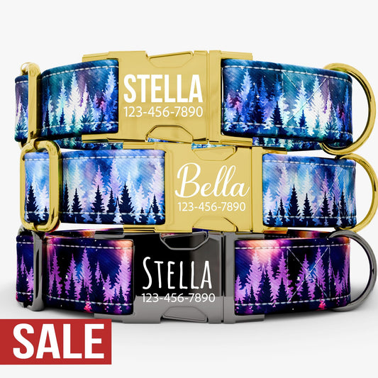 Aurora Forest Print Dog Collar: Personalized USA Handmade, Gold Buckle