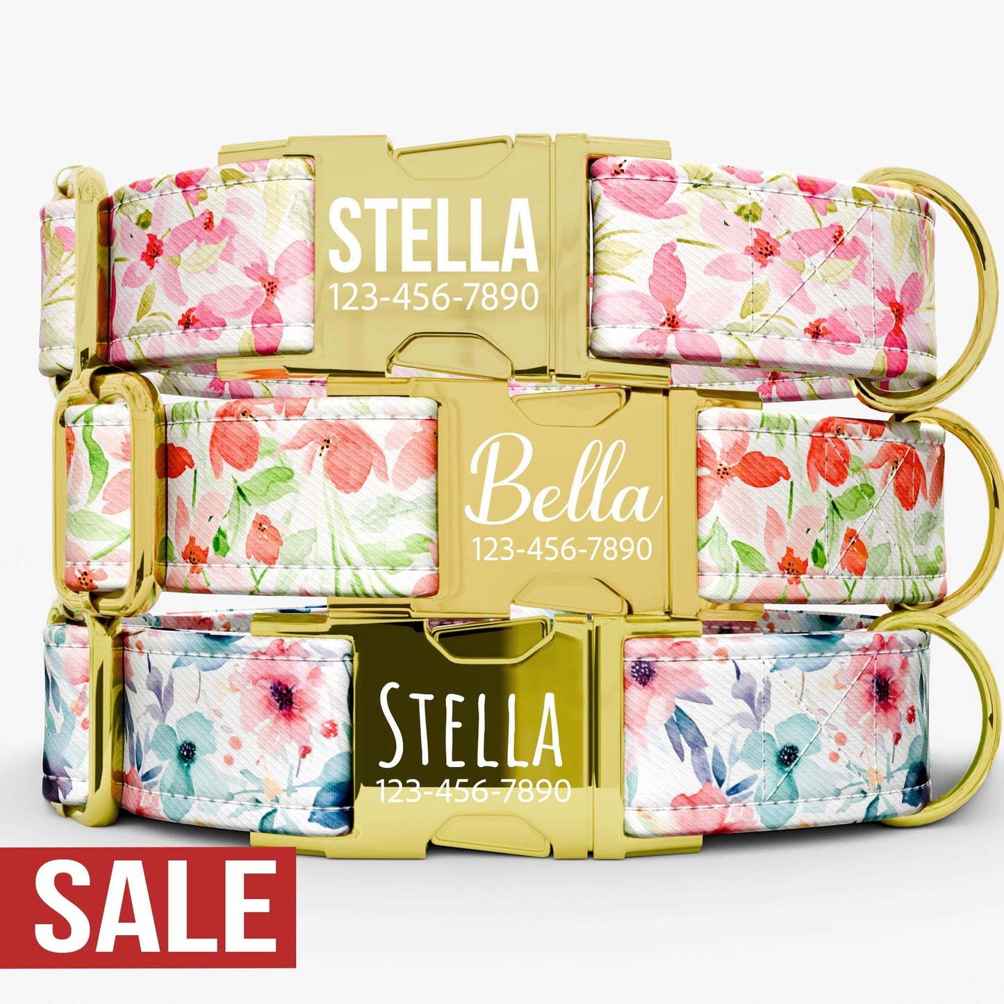 Personalized Watercolor Flower Dog Collar with Leash: Adjustable Metal Buckle