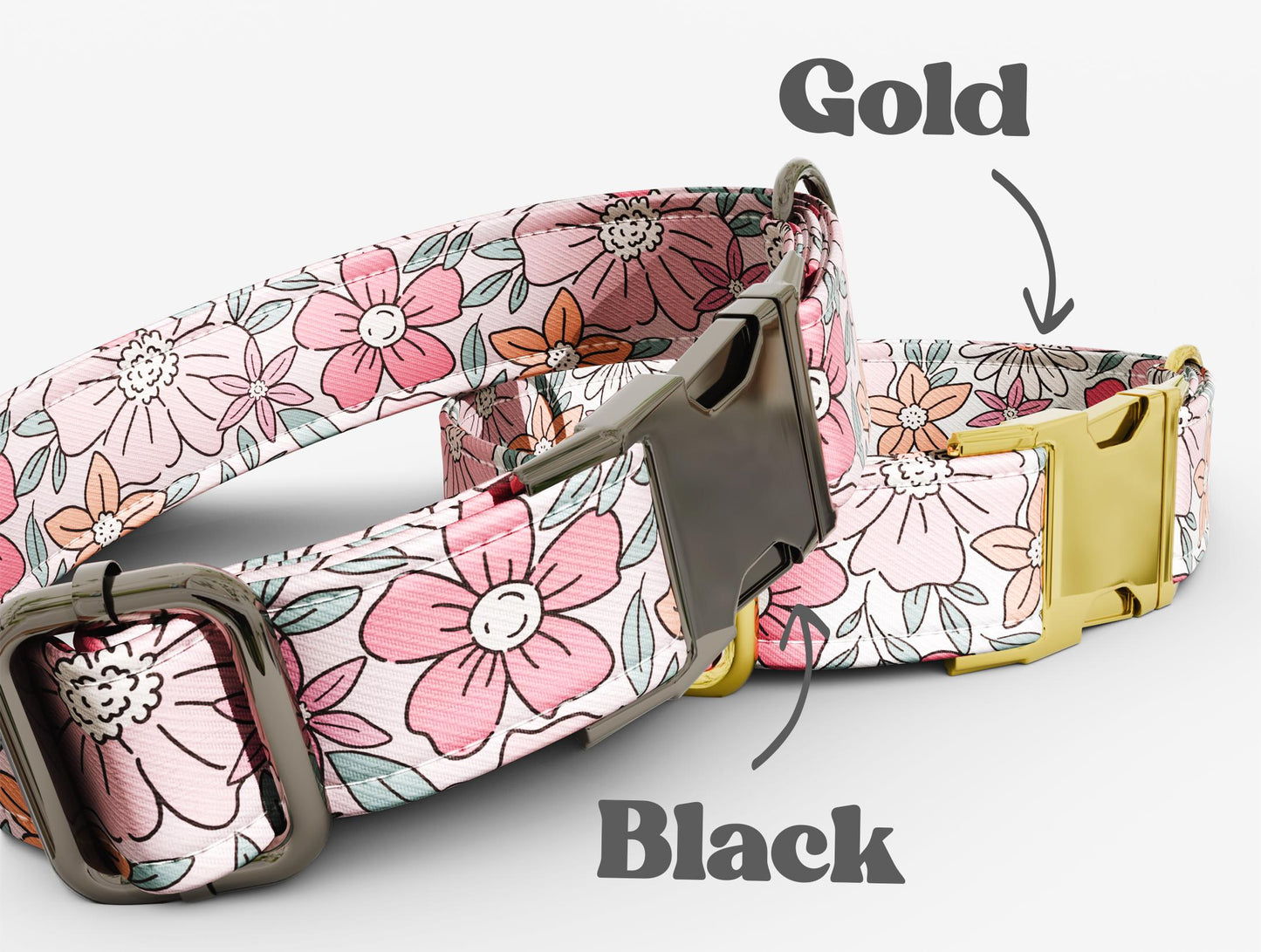 Personalized Pink Floral Dog Collar with Leash: Metal Buckle, USA Handmade