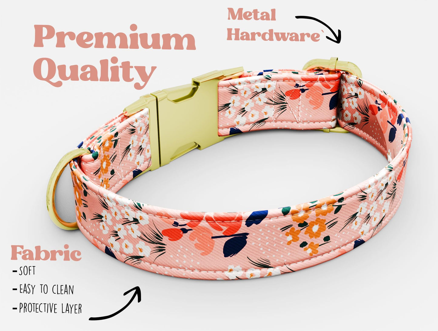 Personalized Floral Dog Collar with Leash: USA Handmade, Adjustable Metal Buckle