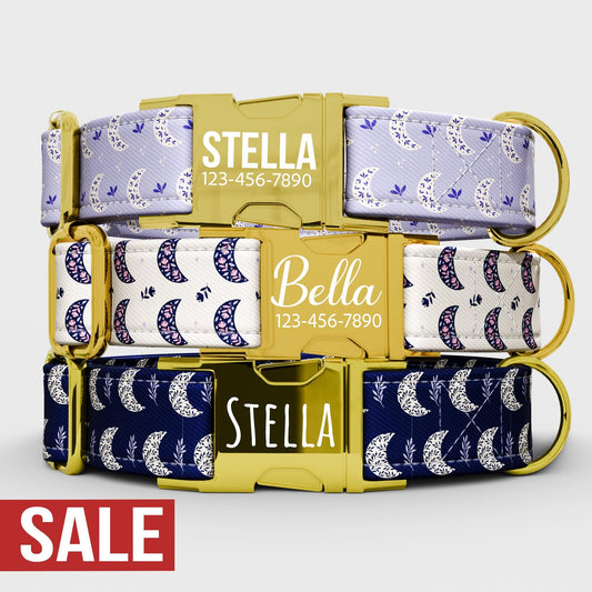Personalized Moon & Stars Dog Collar: Custom Celestial Print, Handmade in USA