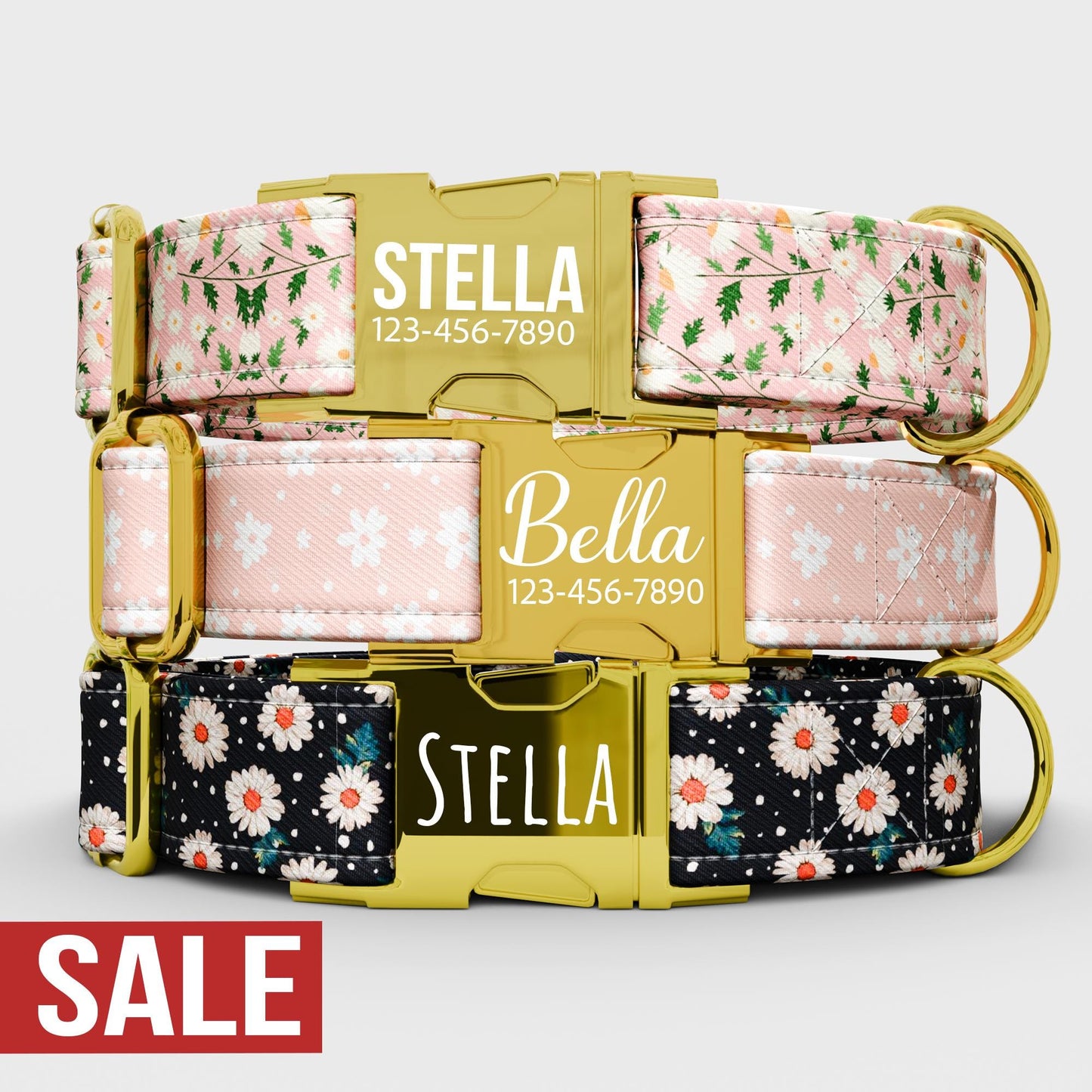 Personalized Pink Daisy Dog Collar with Leash: USA Handmade Floral Pet Collar