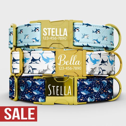 Personalized Shark Print Dog Collar with Leash: USA Handmade, Metal Buckle