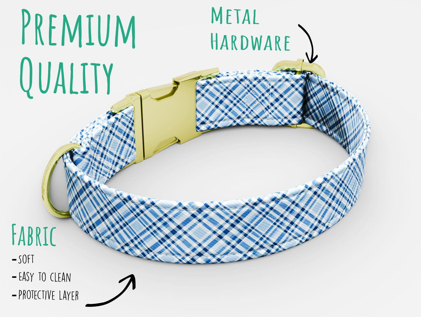 Personalized Blue Plaid Dog Collar with Leash: Tartan Custom Collar