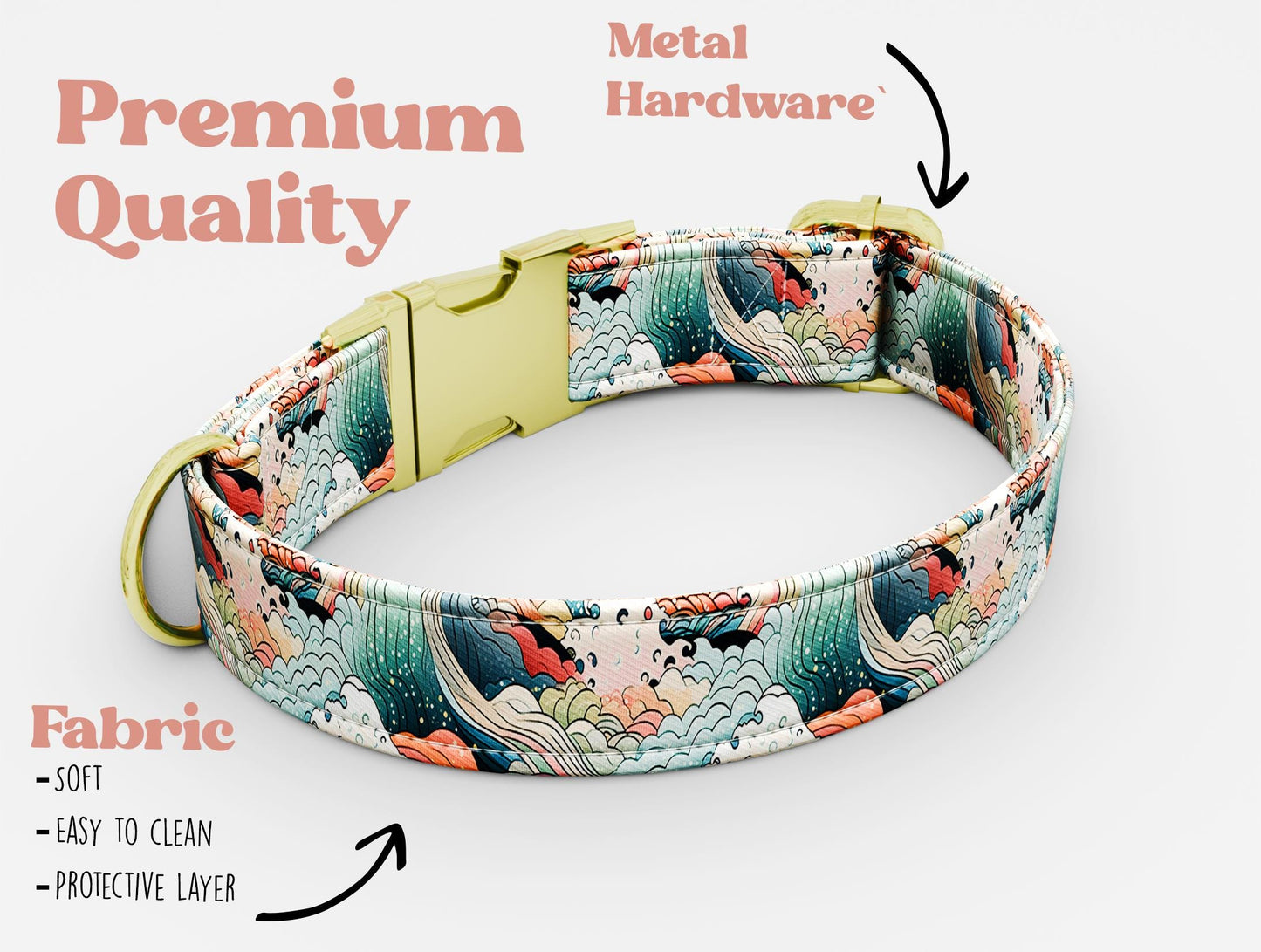 Personalized Japanese Wave Dog Collar with Leash: Floral Metal Buckle