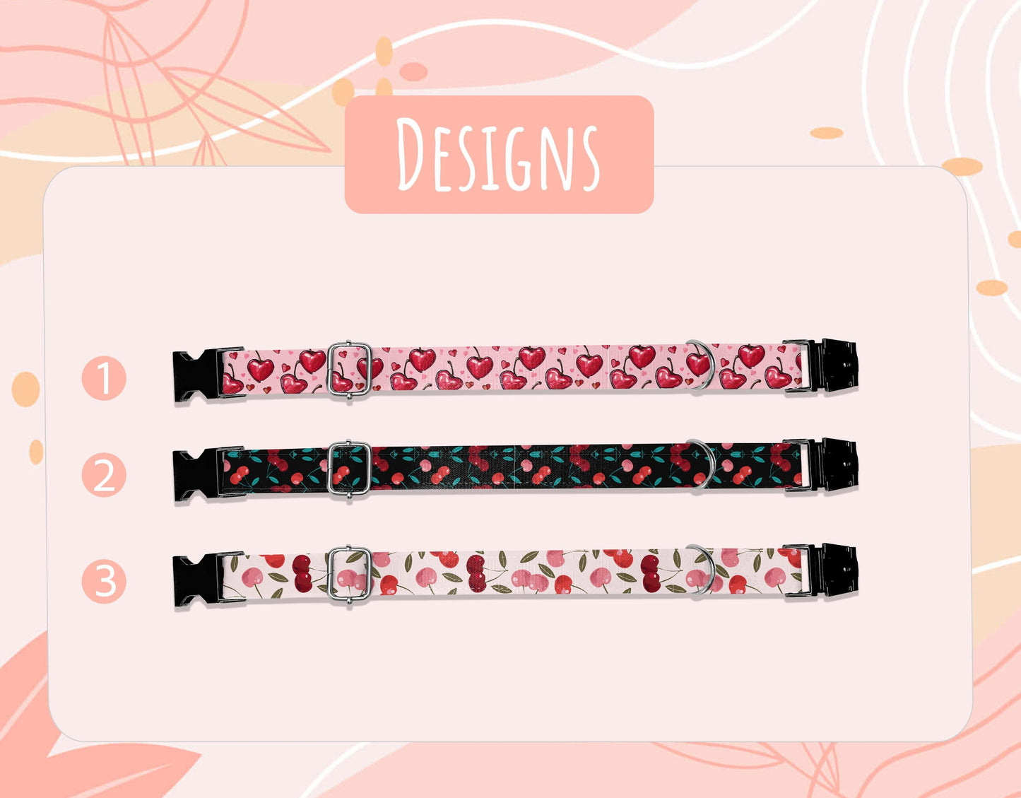 Personalized Cherry Love Dog Collar with Leash: Bohemian Hearts Design