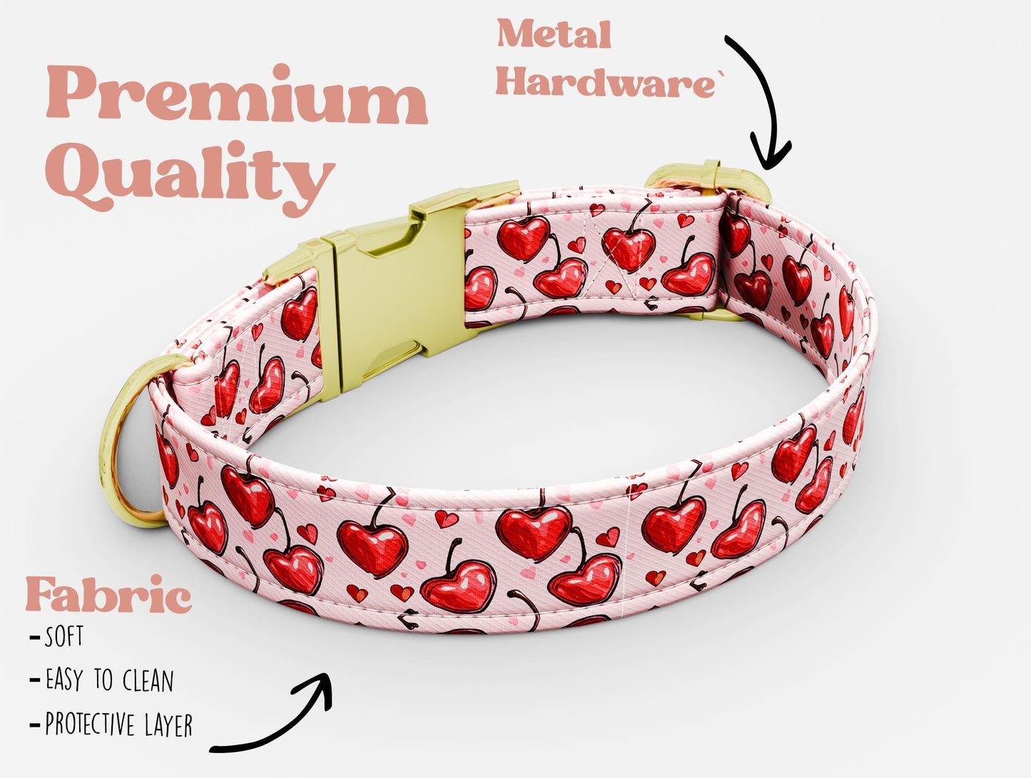 Personalized Cherry Love Dog Collar with Leash: Bohemian Hearts Design