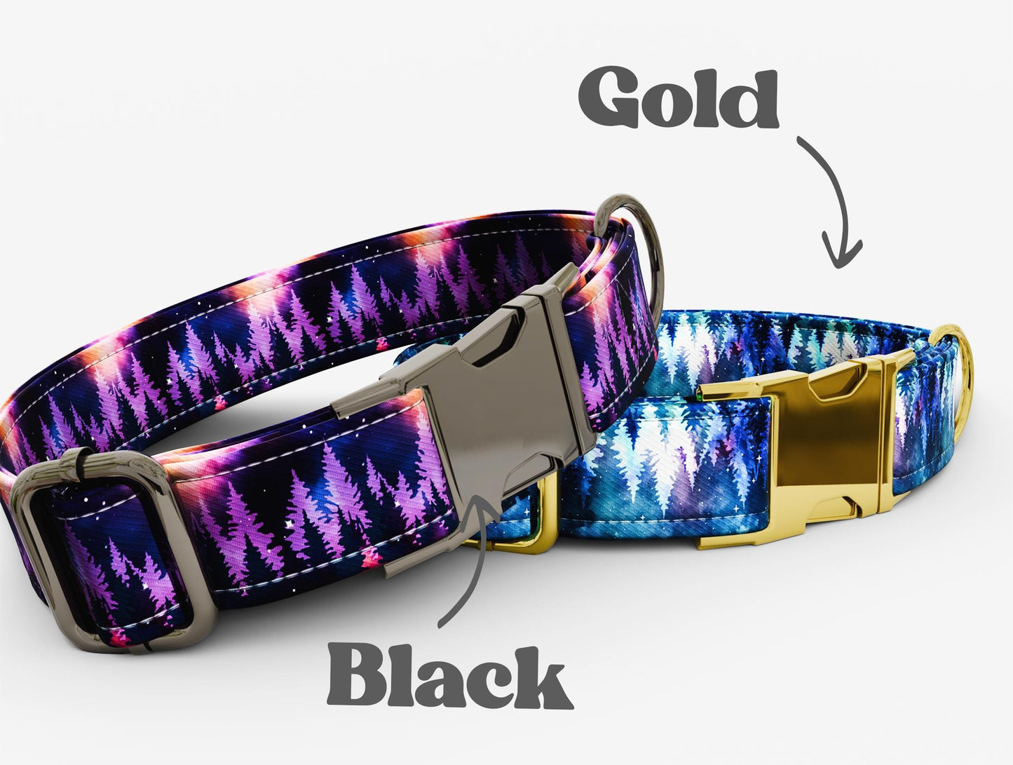 Aurora Forest Print Dog Collar: Personalized USA Handmade, Gold Buckle