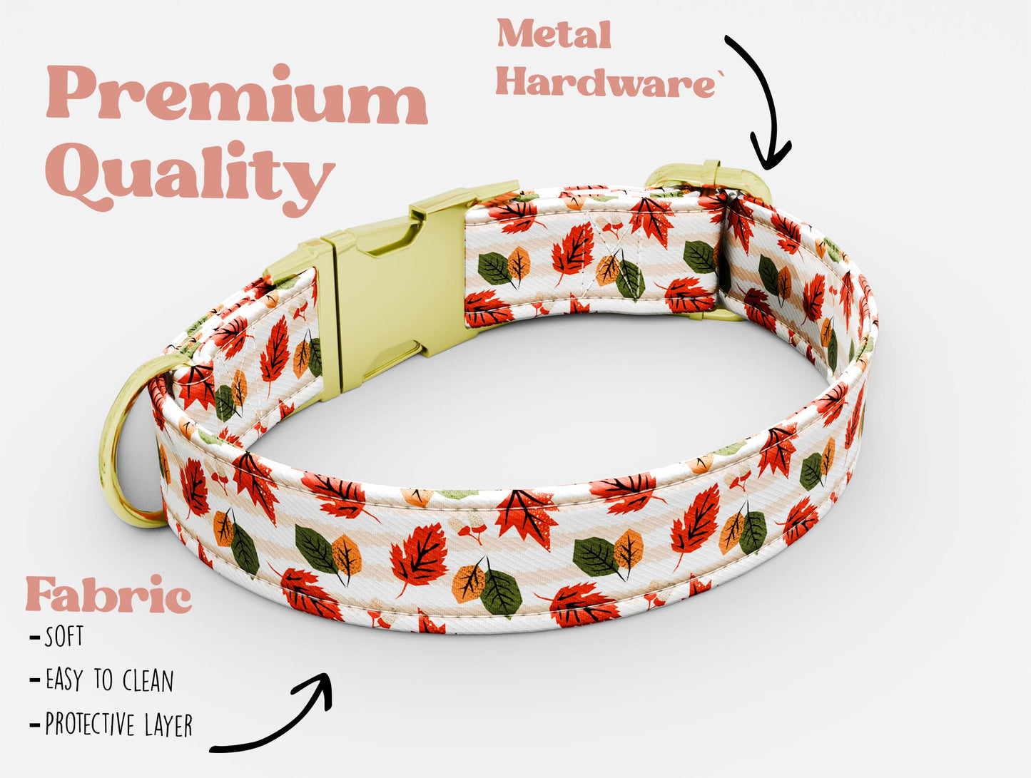 Personalized Fall Leaves Dog Collar with Leash: USA Handmade, Metal Buckle