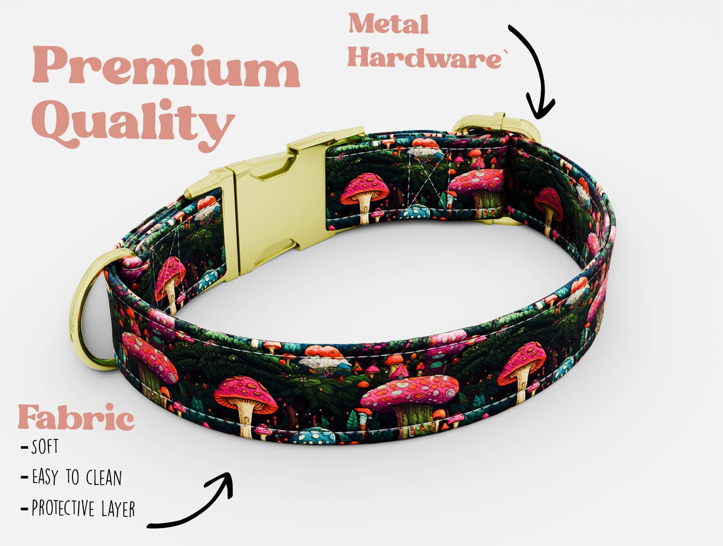 Mushroom Dog Collar & Leash Set: Personalized Engraved Buckle, USA Handmade