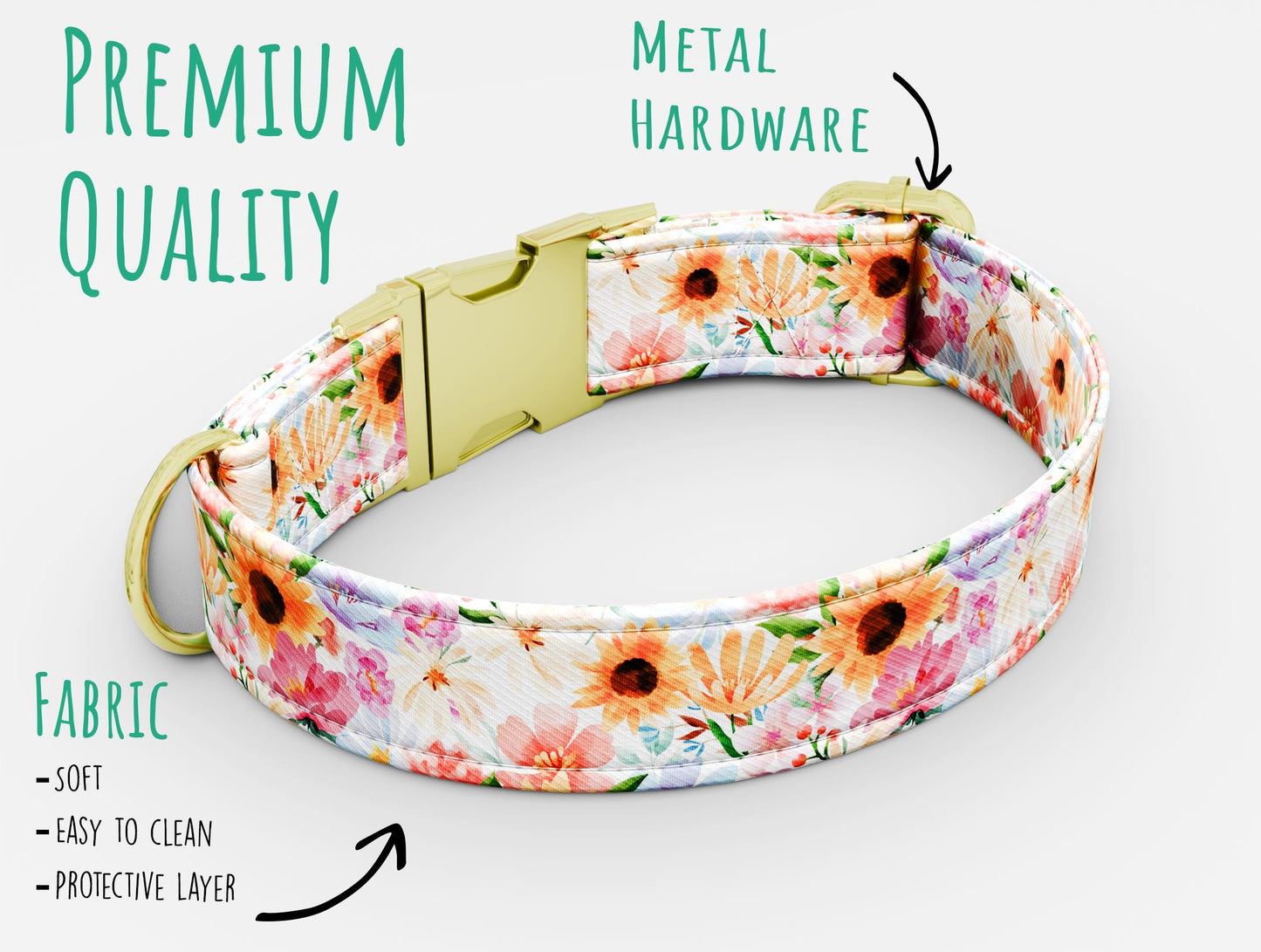 Personalized Watercolor Floral Dog Collar with Leash: Custom Metal Buckle