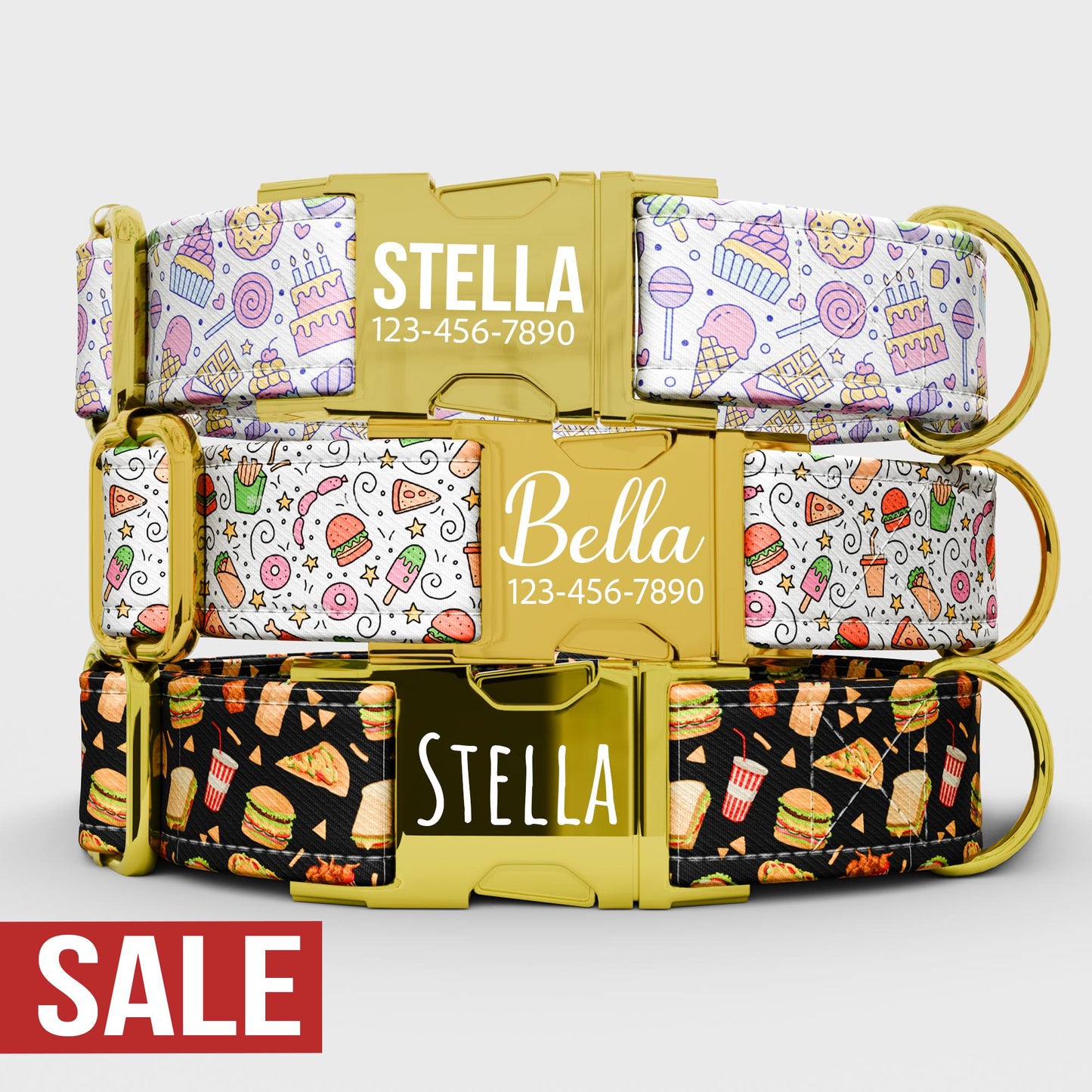 Personalized Cake & Burger Dog Collar with Leash: Custom Metal Buckle