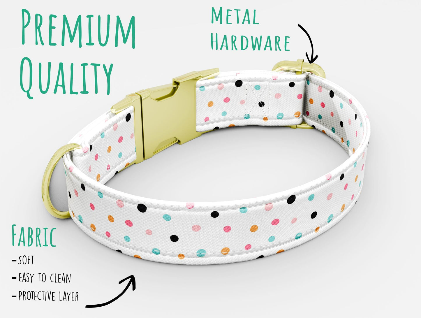 Personalized Polkadot Dog Collar with Leash: Confetti Theme, USA Handmade