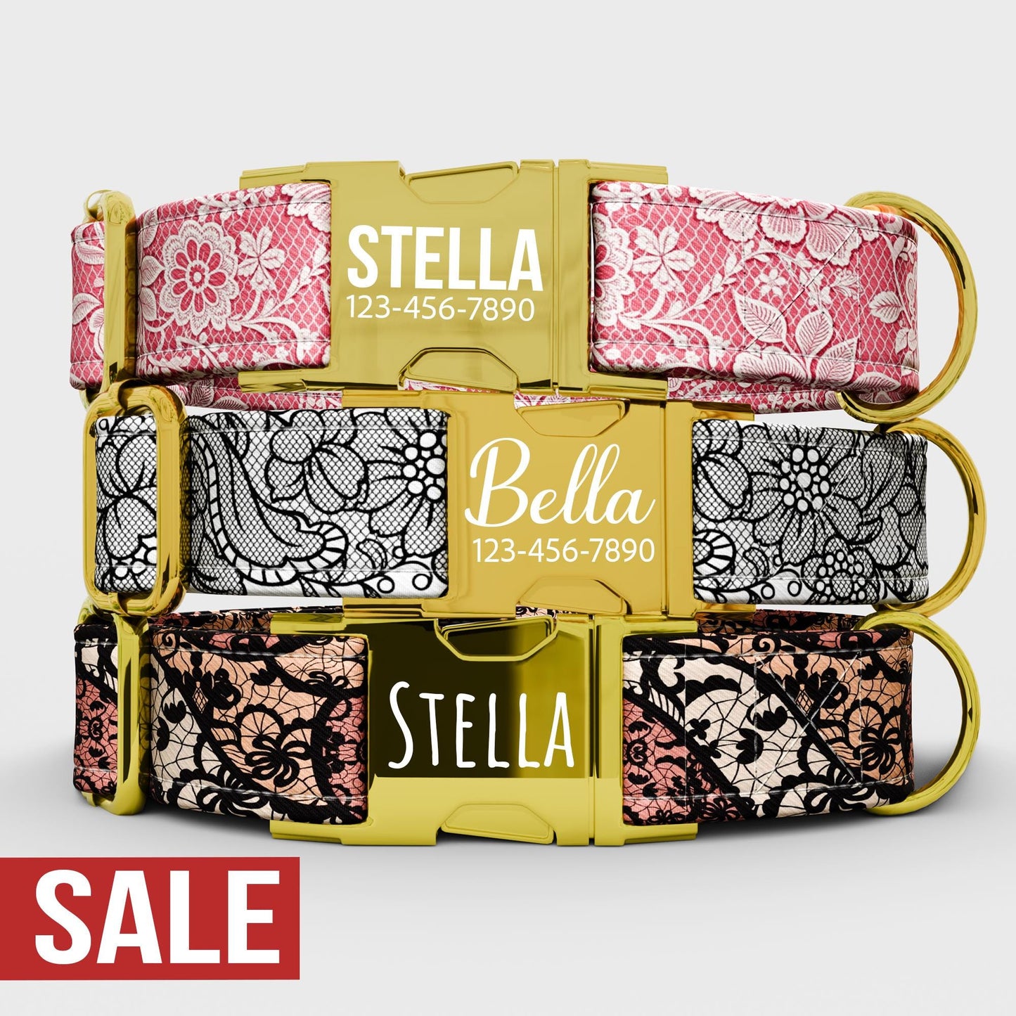 Personalized Lace Print Dog Collar with Leash: Adjustable Metal Buckle