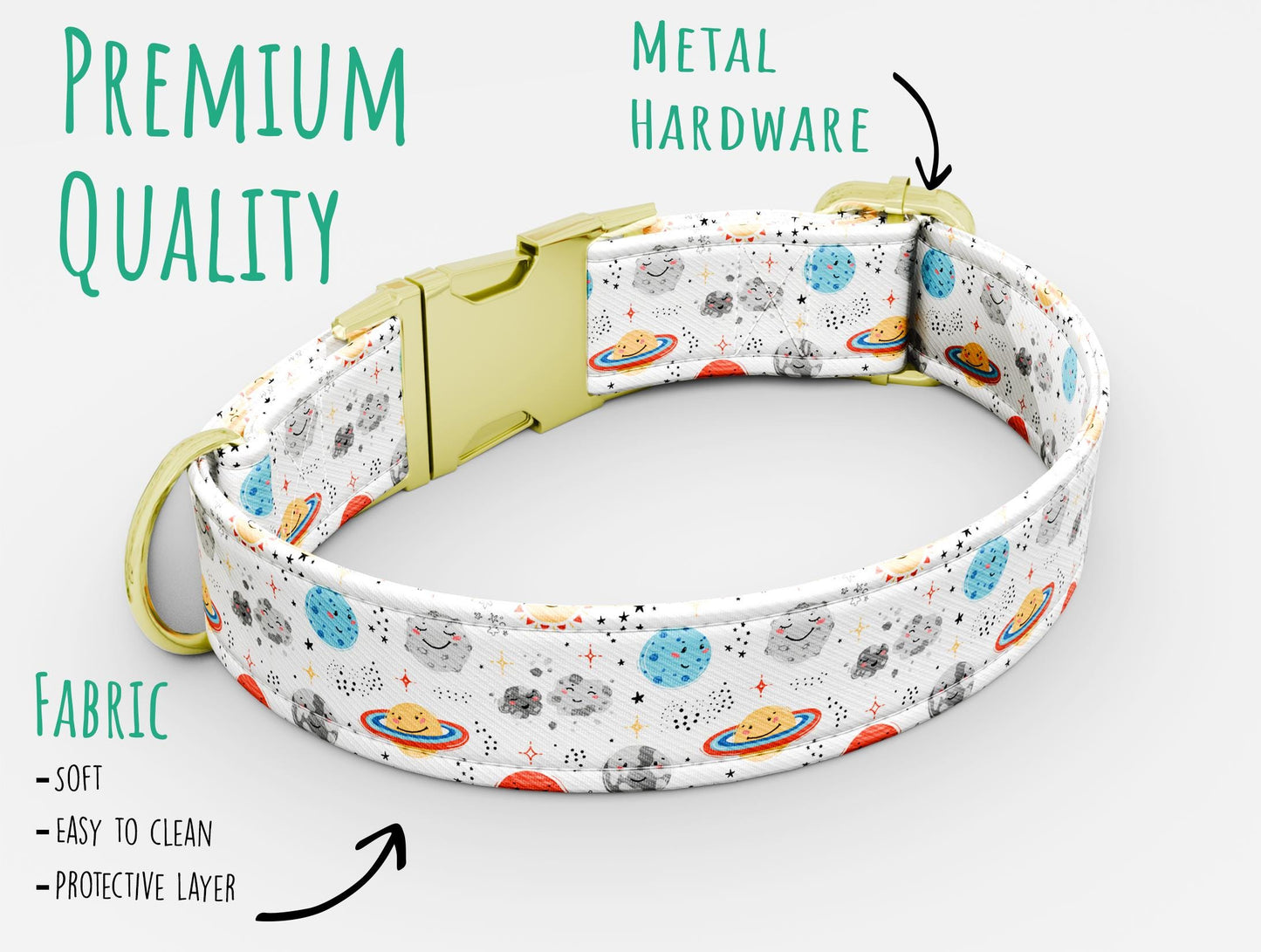 Personalized Space Dog Collar with Leash: Rocket & Planet Theme, USA Handmade