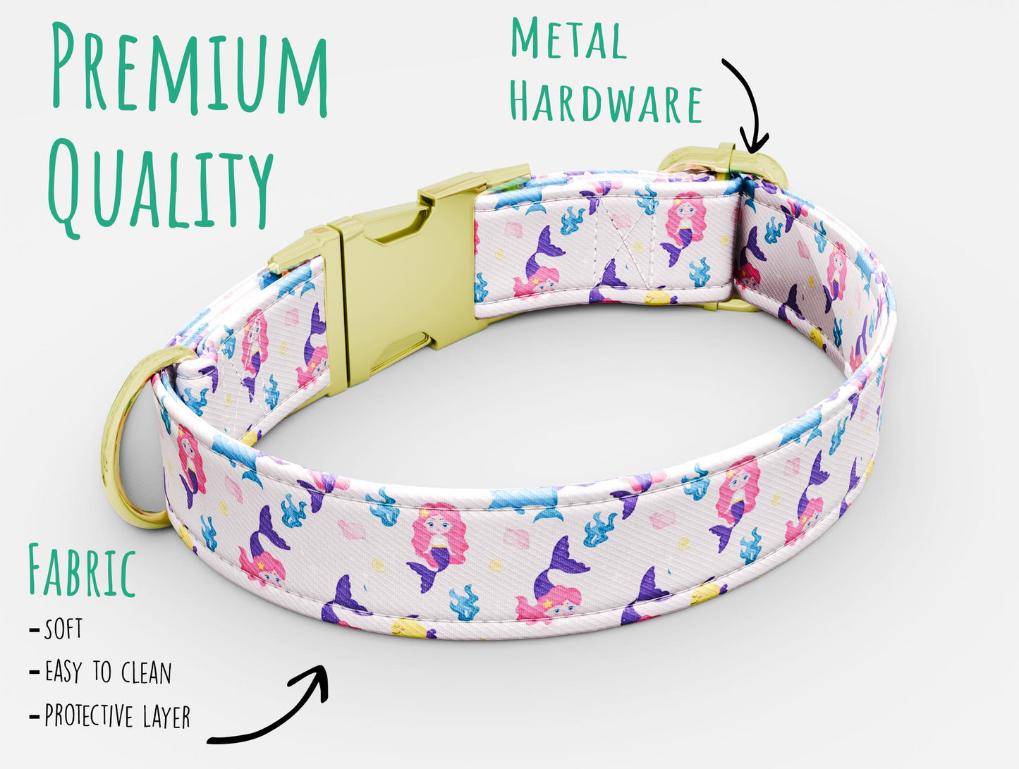 Personalized Mermaid Dog Collar with Leash: Pink Princess Theme, Adjustable